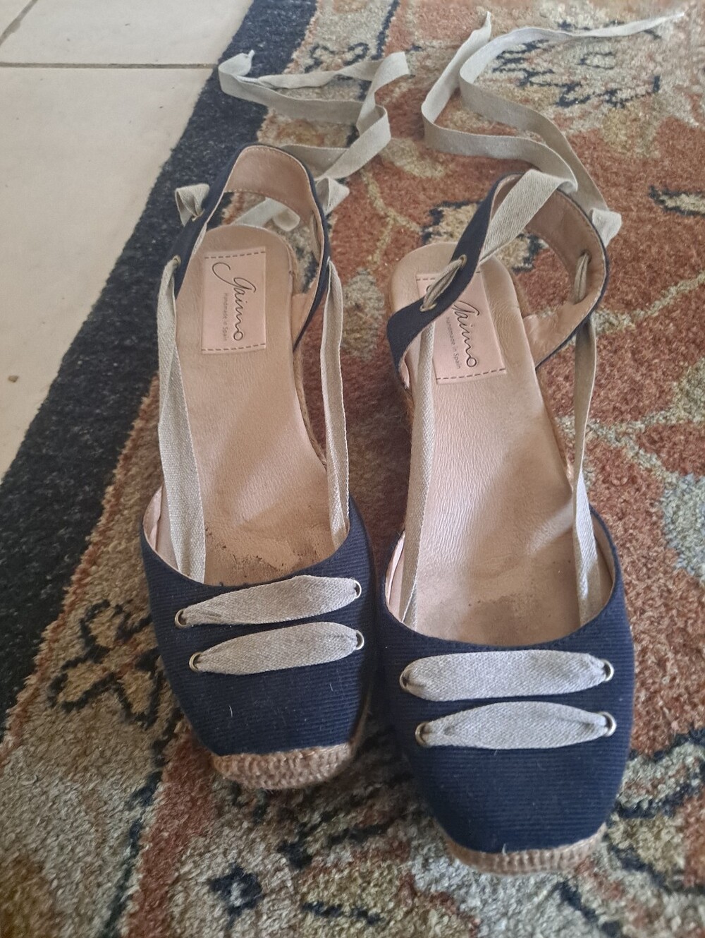 Gaimo Navy Espadrille Wedge Sandals with Cream Straps